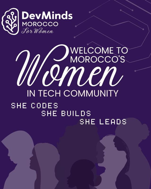 DevMinds Morocco for Women community poster: She codes, she builds, she leads.